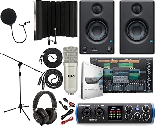 PreSonus Studio 24c 2x2 USB Type-C Audio/MIDI Interface with Eris 3.5 Pair Studio Monitors and 1/4” Instrument Cable and Microphone Isolation Shield
