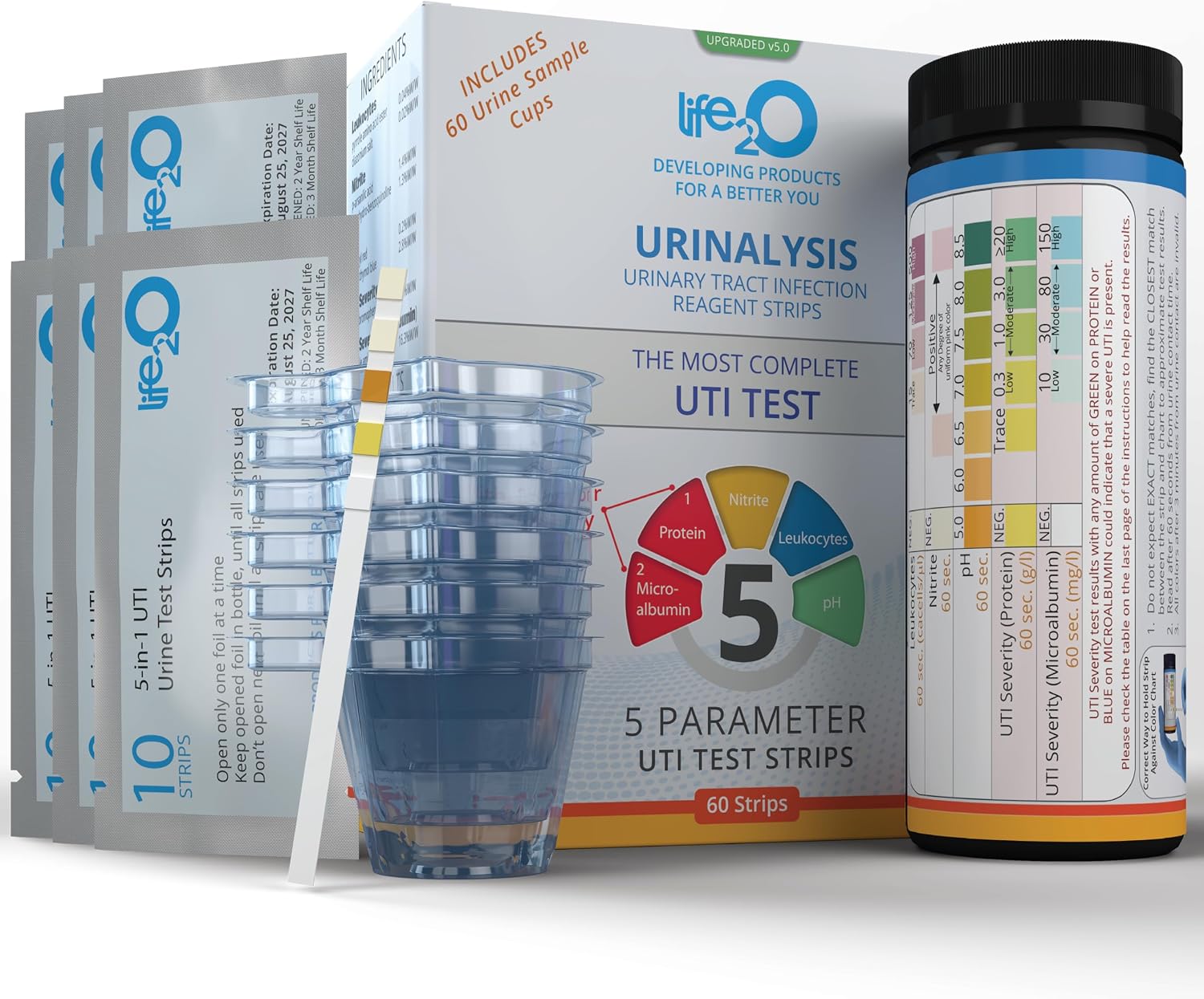 5-in-1 Full Panel UTI Test Strips for Women, Men & Kids (60 Strips) with 2-Factor UTI Severity (Protein & Microalbumin), Urine Test Strips for Bladder, At Home Urinary Tract Infection Kit
