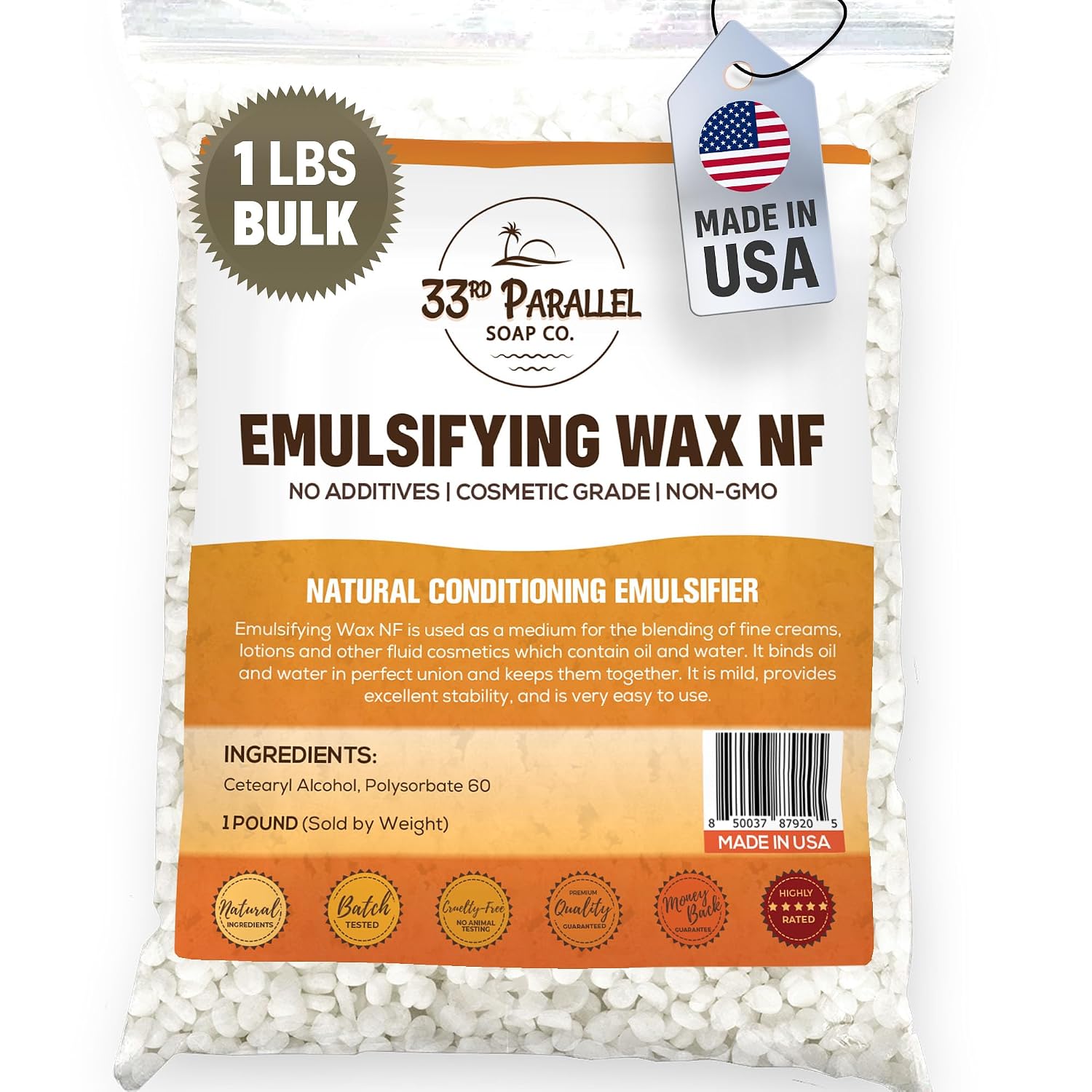 Non-GMO Emulsifying Wax NF Pastilles (1 LBS / 16 OZ) 100% Natural Plant Derived | For Lotions, Creams, Soap Making, Hair Products | Cosmetic Grade | Product of USA | 1 POUND