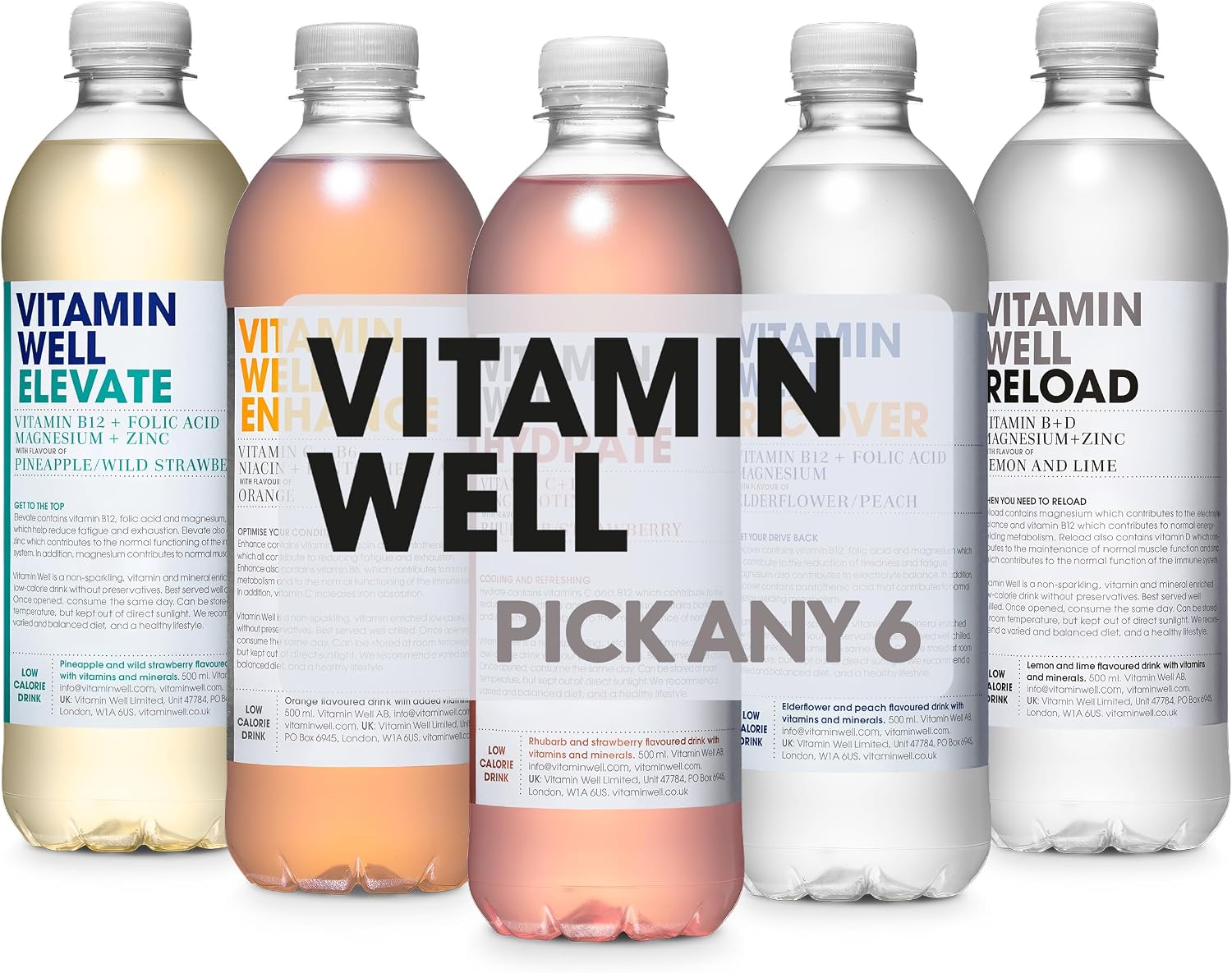 Vitamin Well Flavoured Water 500ml - Choose from 5+ Flavours, Elevate, Enhance, Hydrate, Recover, Reload - Packed with Vitamin C, D, Zinc, Biotin, Low Calorie (Pack of 6)