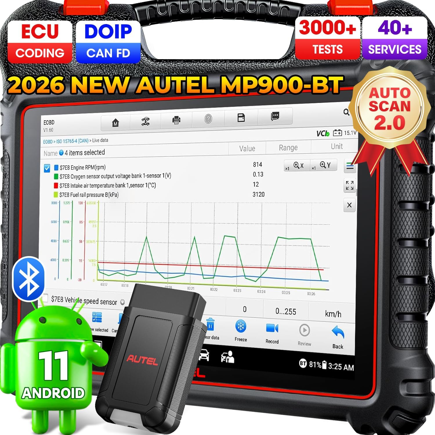 Autel MaxiPRO MP900BT Diagnostic Tool: ECU Coding, 3K+ Active Test, OS11 | Wireless as MP900-BT KIT, 40+ Reset, DoIP CANFD, VIN/License Scan, New Model of MP808BT PRO MP808S DS808 MS906BT MS906 Pro