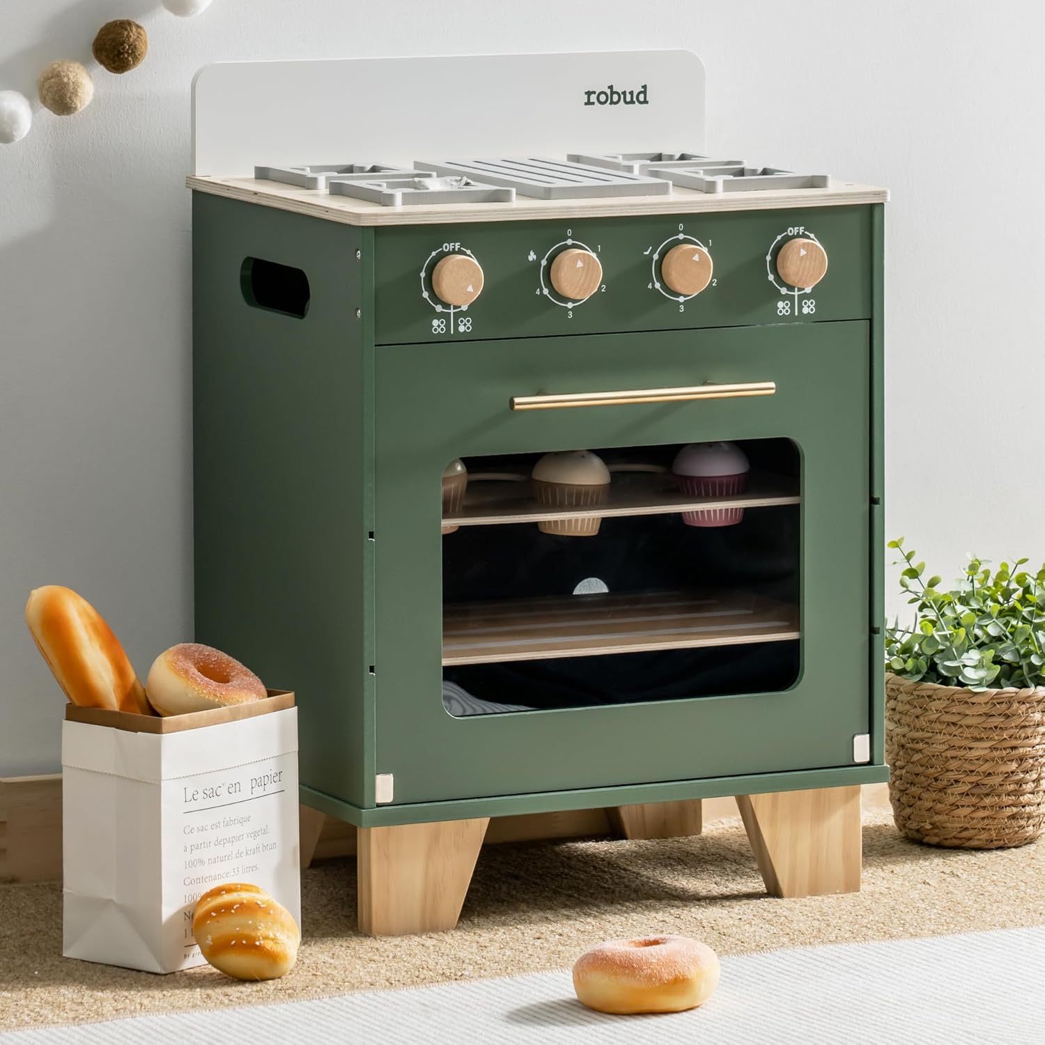 ROBUD Wooden Play Kitchen for Kids, Toy Oven Kids Kitchen Accessories Oven with Stoves & Play Food, Cupcakes, Tray, Wooden Kitchen Set for Girls Boys Gifts Age 3+
