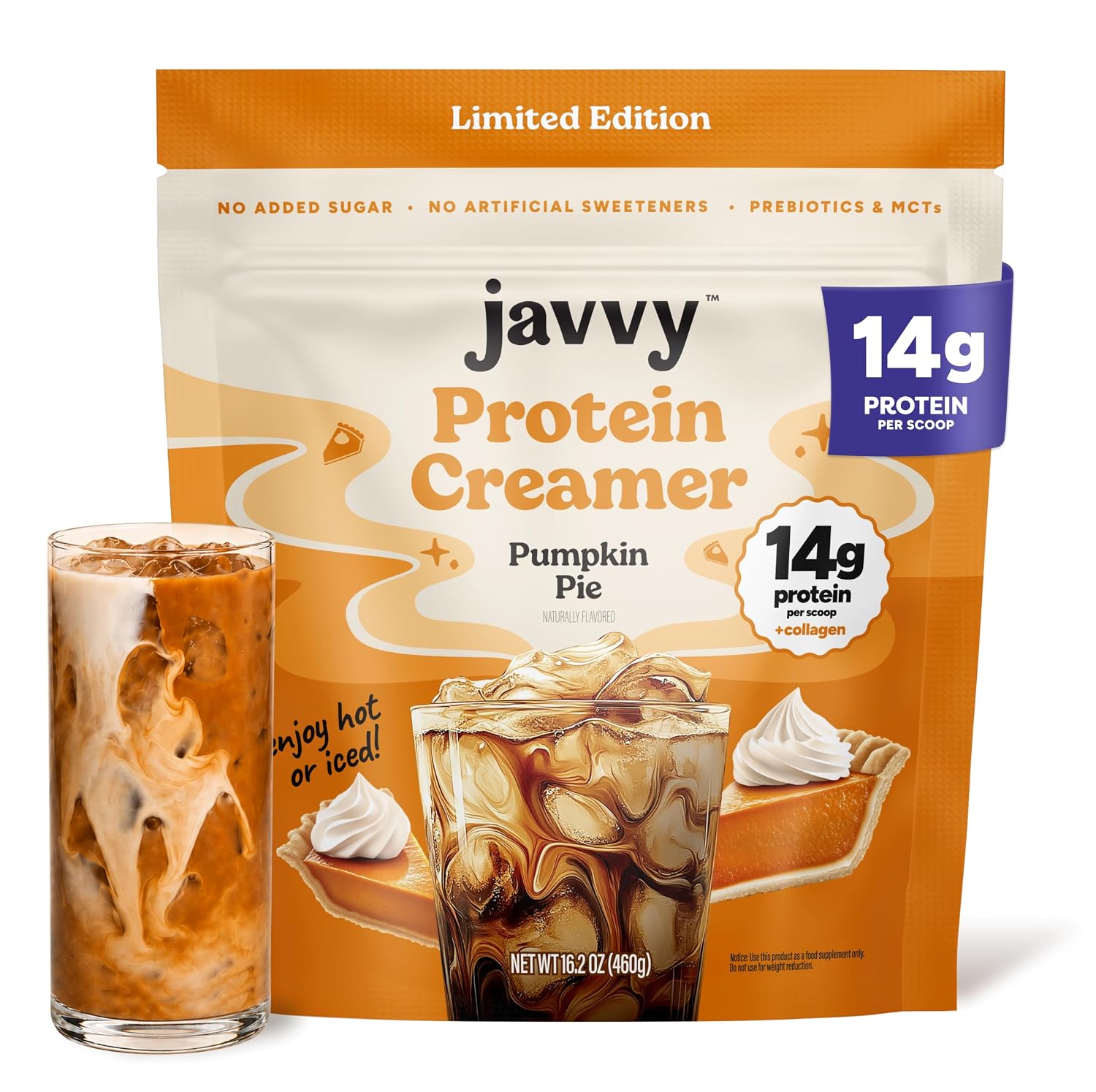 Javvy Protein Coffee Creamer, Pumpkin Pie, Dairy-Based | 14g Collagen & Protein Blend per Scoop, No Sugar Added, No Artificial Sweeteners, Prebiotics & MCTs, Real Cream, 20 Servings