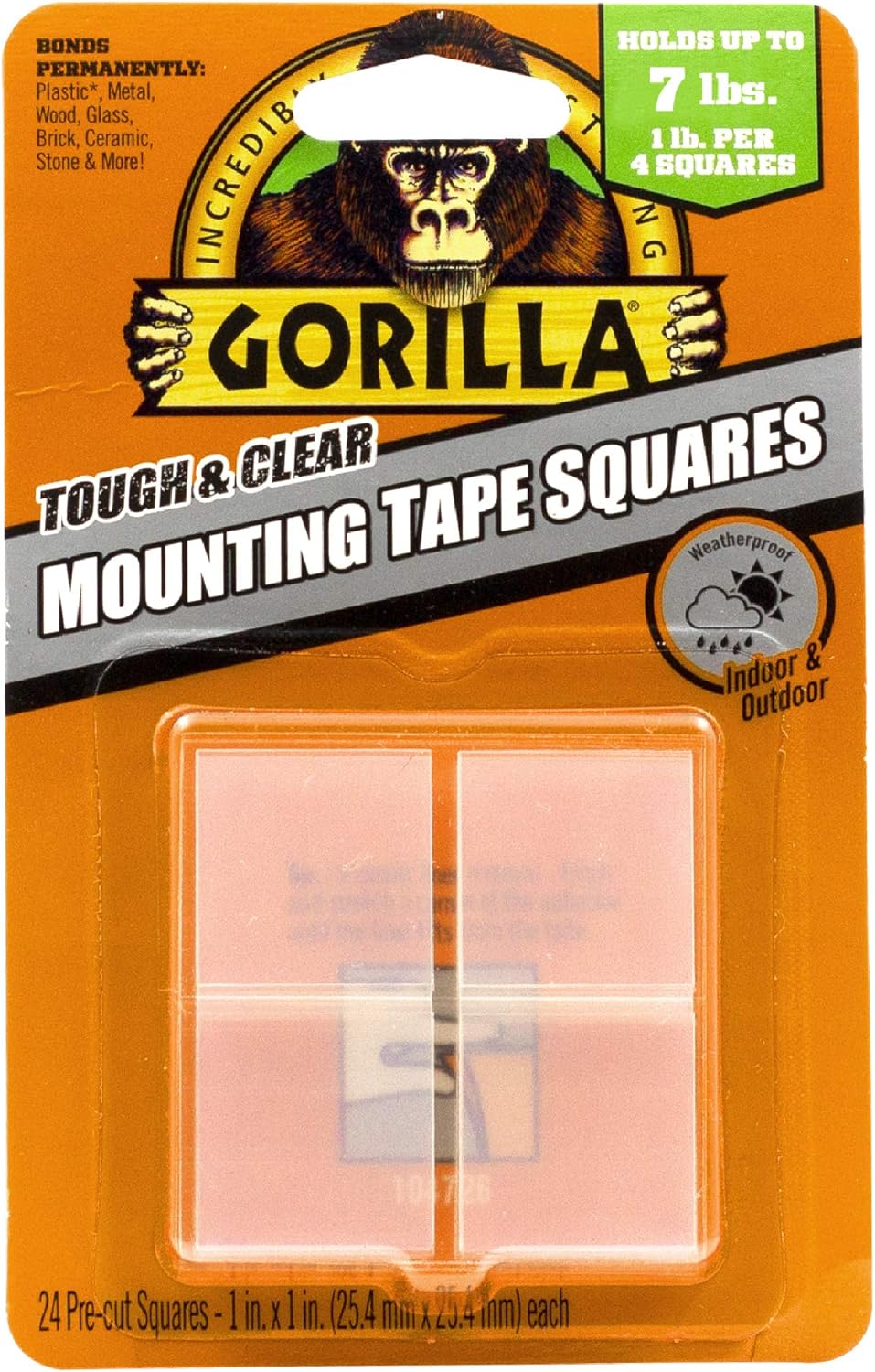Gorilla Tough & Clear Double Sided Tape Squares, Clear Tape, 24 1" Pre-Cut Mounting Squares (Pack of 1)