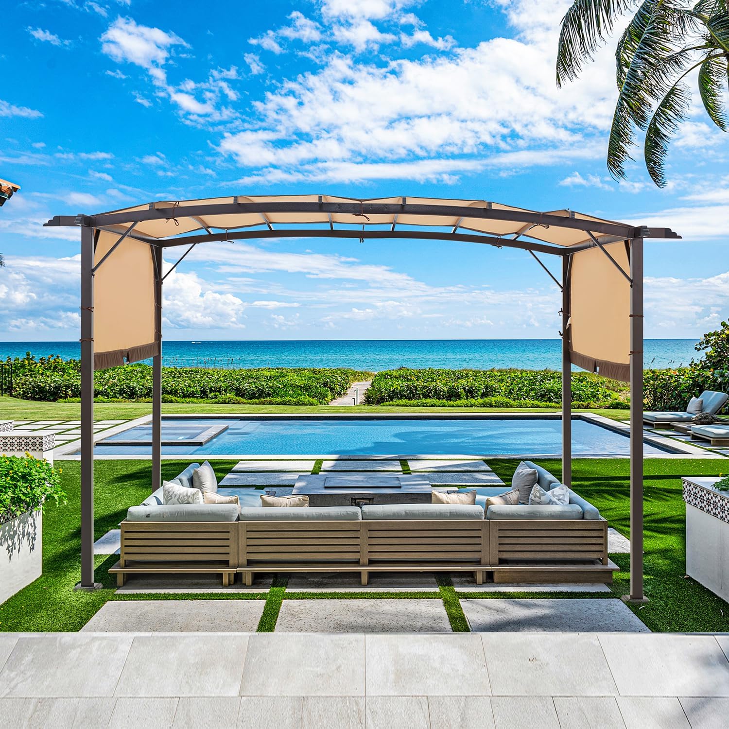 AECOJOY Pergola 9' x 12' Outdoor Pergolas, Pergolas and Gazebo Clearance, Retractable Metal Pergola with Sun Shade Canopy for Patio, Backyard, Garden