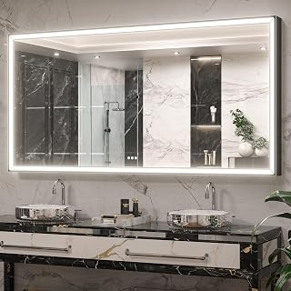 Keonjinn Black LED Bathroom Mirror 72” x 36” with Frontlit, 3X Ultra Brightness, 45° Angled Light, Large Metal Framed Black Wall Mirror, UL Listed LED Driver, 3 Colors, Anti-Fog Lighted Vanity Mirror