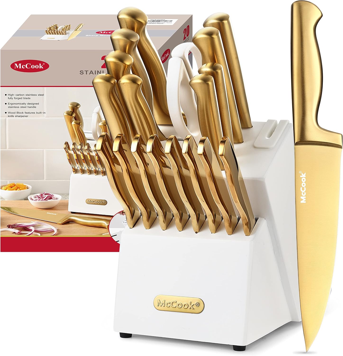 McCook® Kitchen Knife Sets, Golden Titanium Stainless Steel Knives Block Set with Built-in Sharpener, 20 Piece Knives, Restaurant Grade Sharp, Elegant Gold & Stylish Wooden Block for Modern Culinary