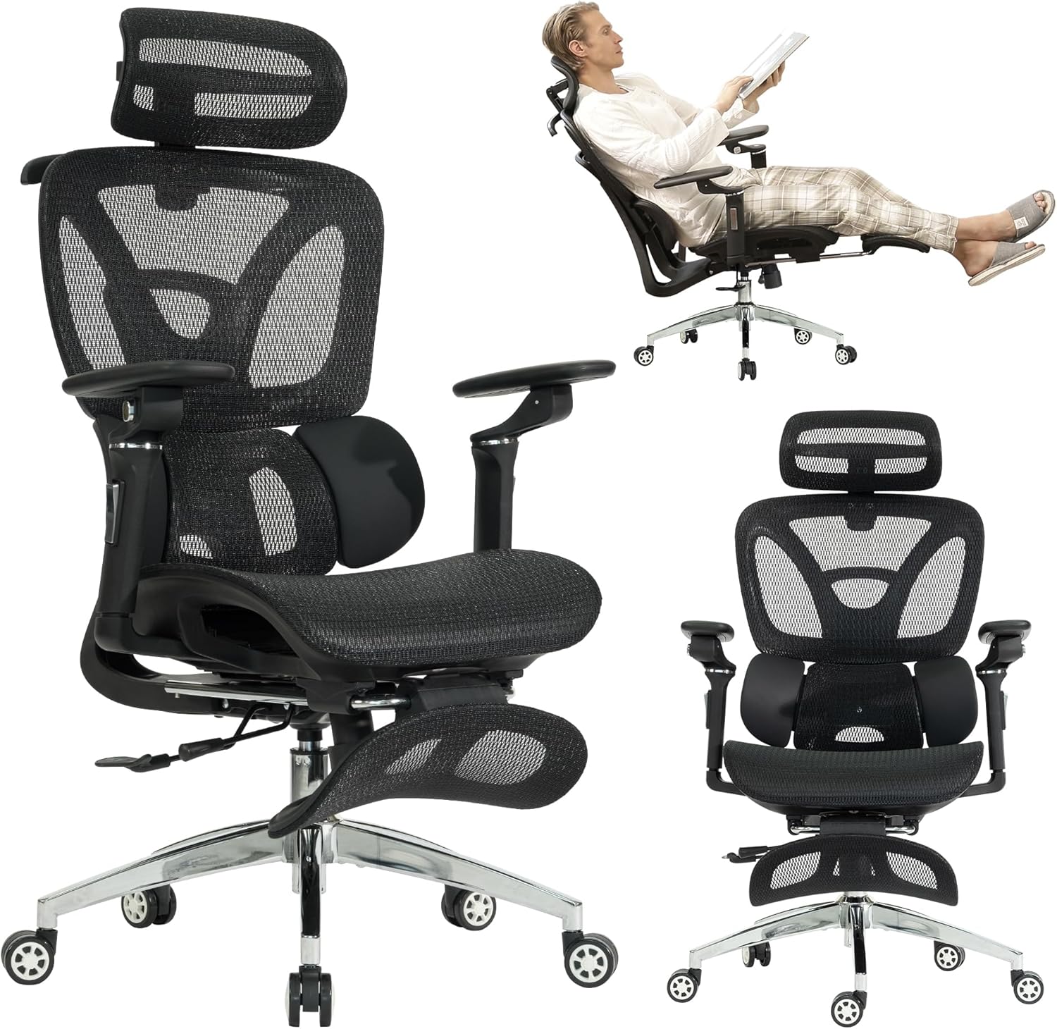 Ergonomic Mesh Office & Gaming Chair with Footrest, High Back Home Office Desk Chair, Comfortable 3D Lumbar Support, 130° Tilt, Adjustable Seat Depth, Adjustable 6D Armrest & 3D Headrest(Black Pro)