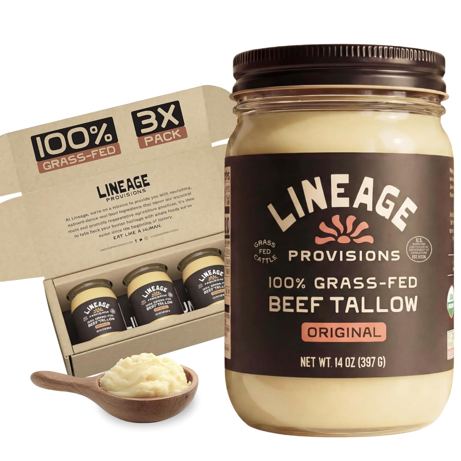 Lineage Provisions - 100% Grass-Fed & Finished Beef Tallow – 3-Pack Glass Jars – US-Raised Cattle – Nose-to-Tail Rendered – Cooking Oil Alternative, Keto & Paleo Friendly