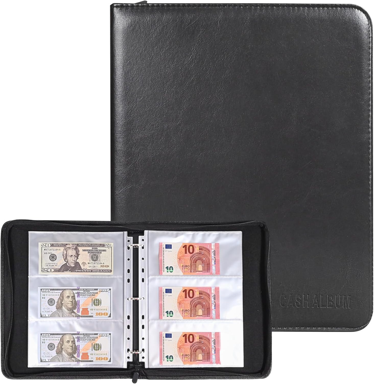 Currency Album with 180 Pockets - WITHYU Expandable 3-Ring Binder Currency Organizer with Clear Non-PVC Sleeves for Banknotes, Bills, Tickets, and Collectibles (Black)