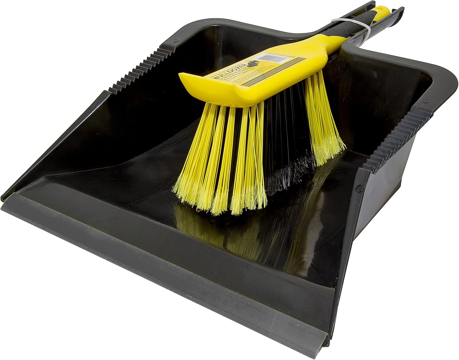 Bulldozer Heavy Duty Dustpan and Brush Set with Stiff, Soft PVC Bristles, Serrated Edges, Front Scraper, Rubber Lip, Suitable for Garden and Indoor Use, Black and Yellow (44x28.5cm)
