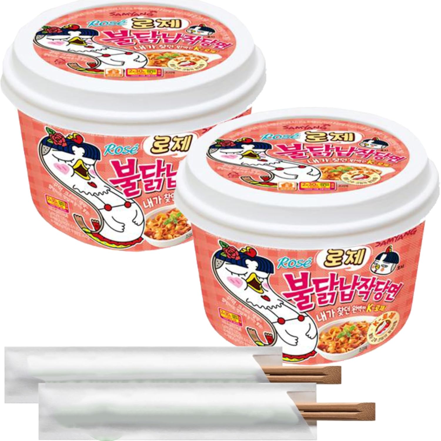 Samyang Buldak Rose Wide Flat Glass Noodles Korean Fire Challenge Microwaveable (2pack x 5.98 oz ea) + 2 OHMARKET Chopsticks| 삼양 로제 불닭 납작당면