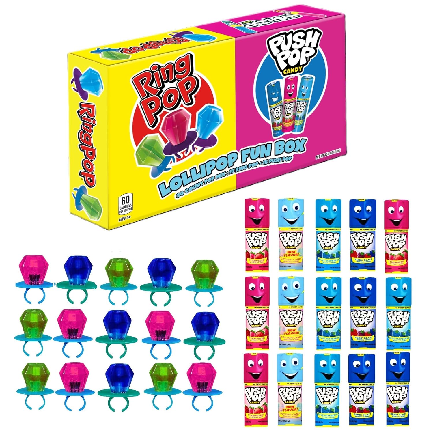 Ring Pop & Push Pop Candy Variety Pack - 30 Count Individually Wrapped Lollipops with Assorted Flavors - Fun Bulk Candy For Party Favors, Birthdays, and Candy Gifts by Bazooka Candy Brands