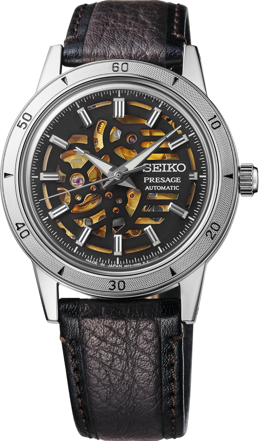 Seiko SSA461 Watch for Men - Presage Collection - Stainless Steel Case, Leather Strap, Elegant Design, Precision Timekeeping, Gold and Black