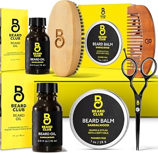 The Beard Club Beard Kit for Men - Beard Grooming Kit & Beard Care Kit - Cedar Beard Oil, Sandalwood Beard Oil, Sandalwood Beard Balm, Beard Comb, Beard Brush, Beard Trimming Scissors - Gift Set