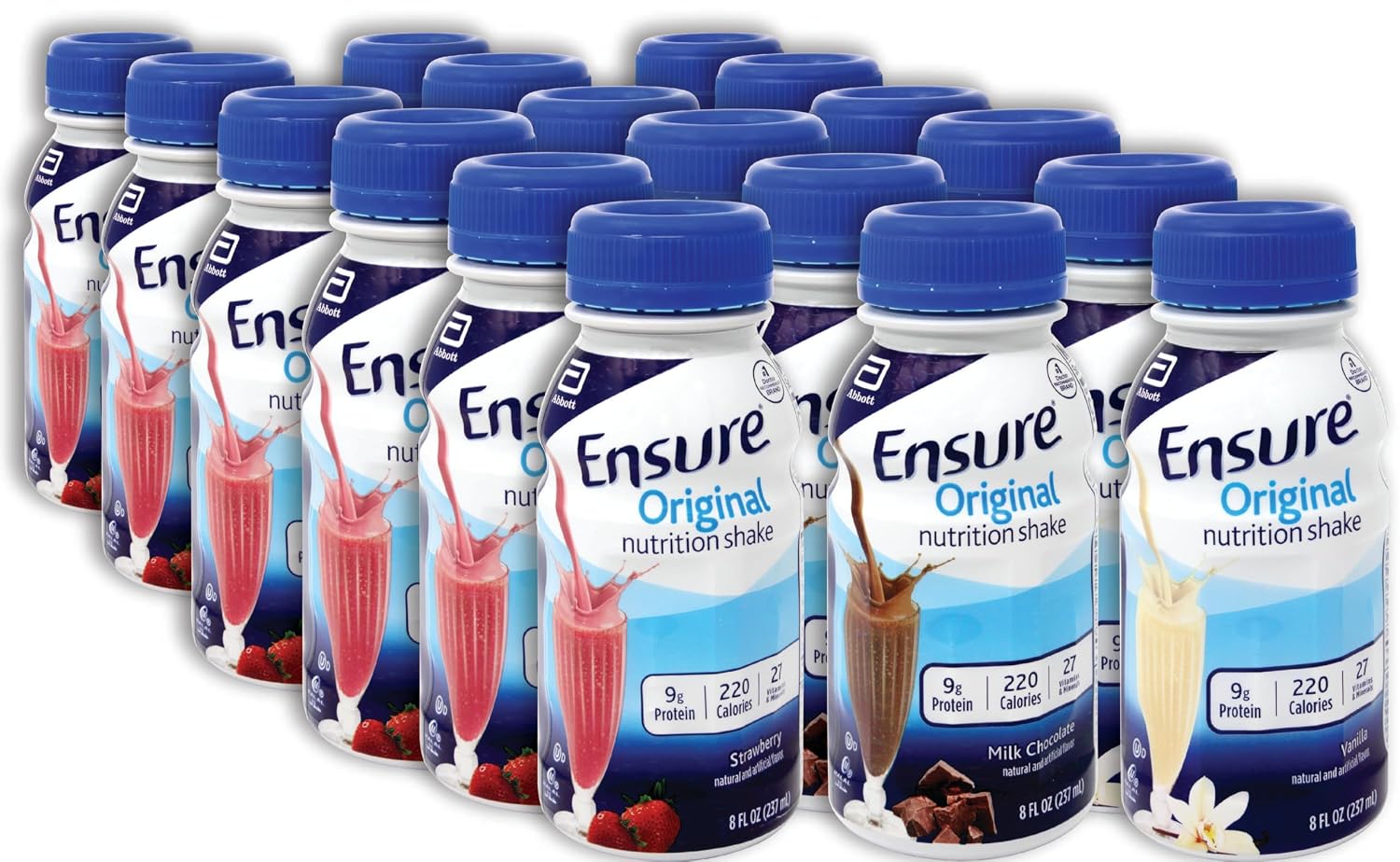 Niro Assortment | Ensure Original Variety Pack - 18 On-the-Go Protein Nutrition Shakes – Meal Replacement Shake with Delicious Chocolate Shake, Vanilla, and Strawberry - 6 of Each Flavor| Bundle with Niro Beverage Sleeve