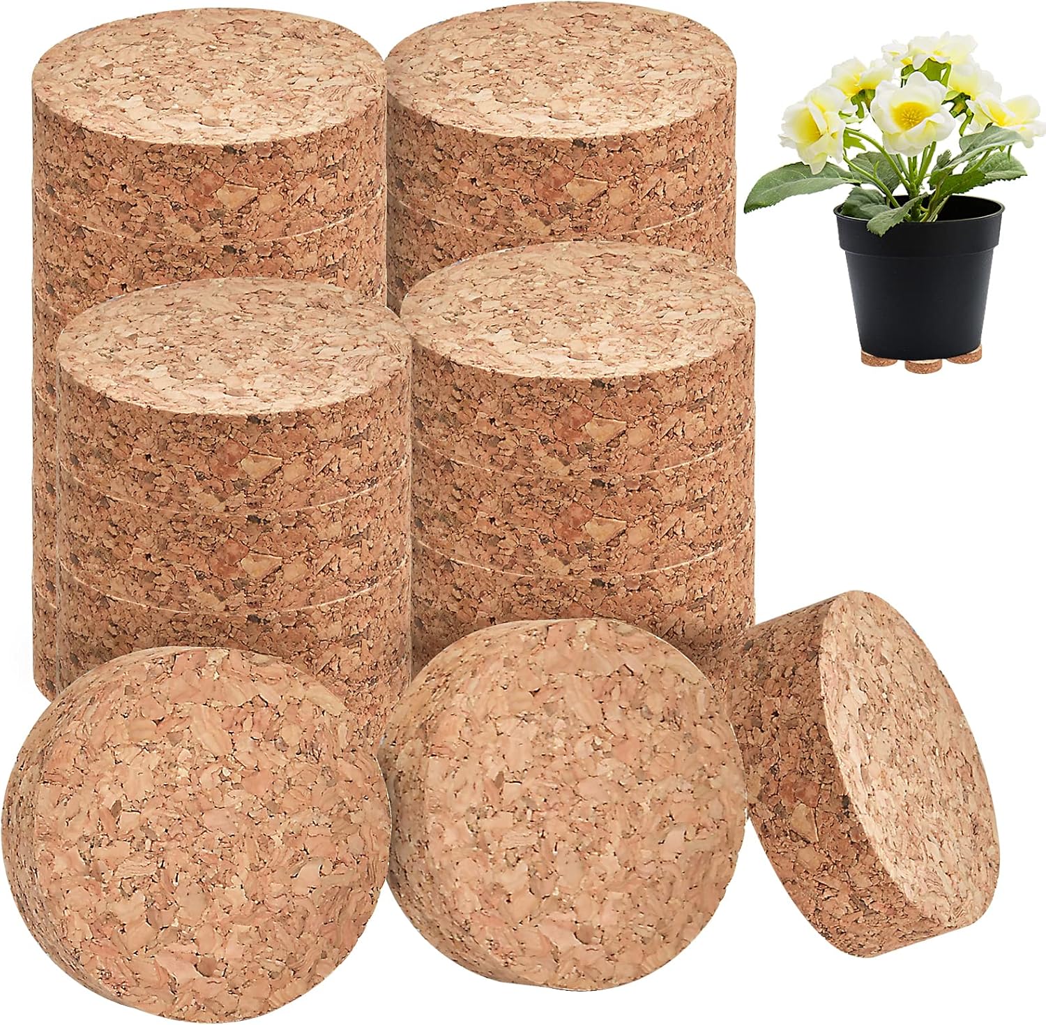 70 PCS Plant Pot Feet, 2 Inch Invisible Pot feet Risers with Non Slip Surface, Cork Plant Pot Feet Lifter Solid Corkwood Planter Feet for Indoor Outdoor Plants Planters Flowers Pots