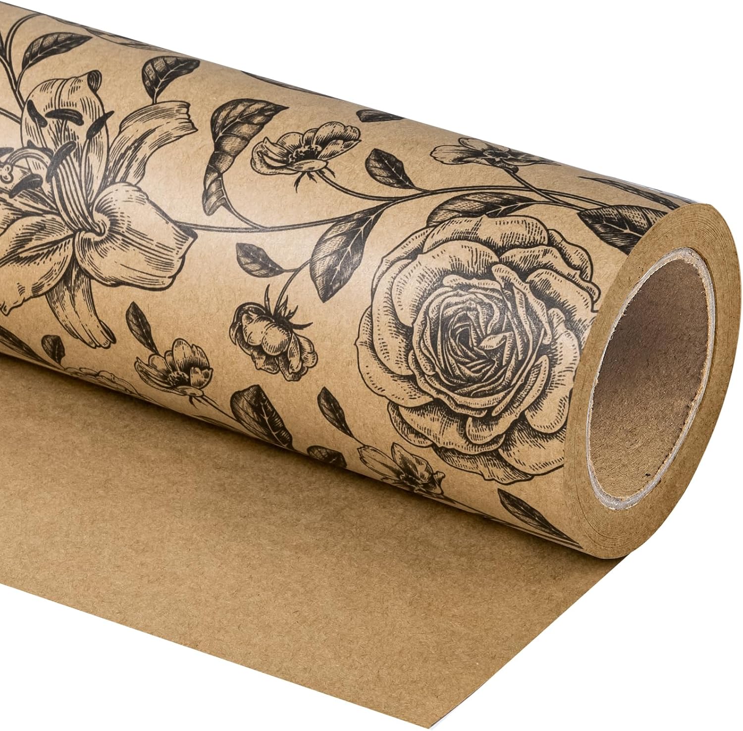 WRAPAHOLIC Kraft Floral Wrapping Paper Roll - Mini Roll - 17 Inch x 33 Feet - Vintage Black Flower Wrapping Paper for Birthday, Bridal Shower, Wedding, Baby Shower