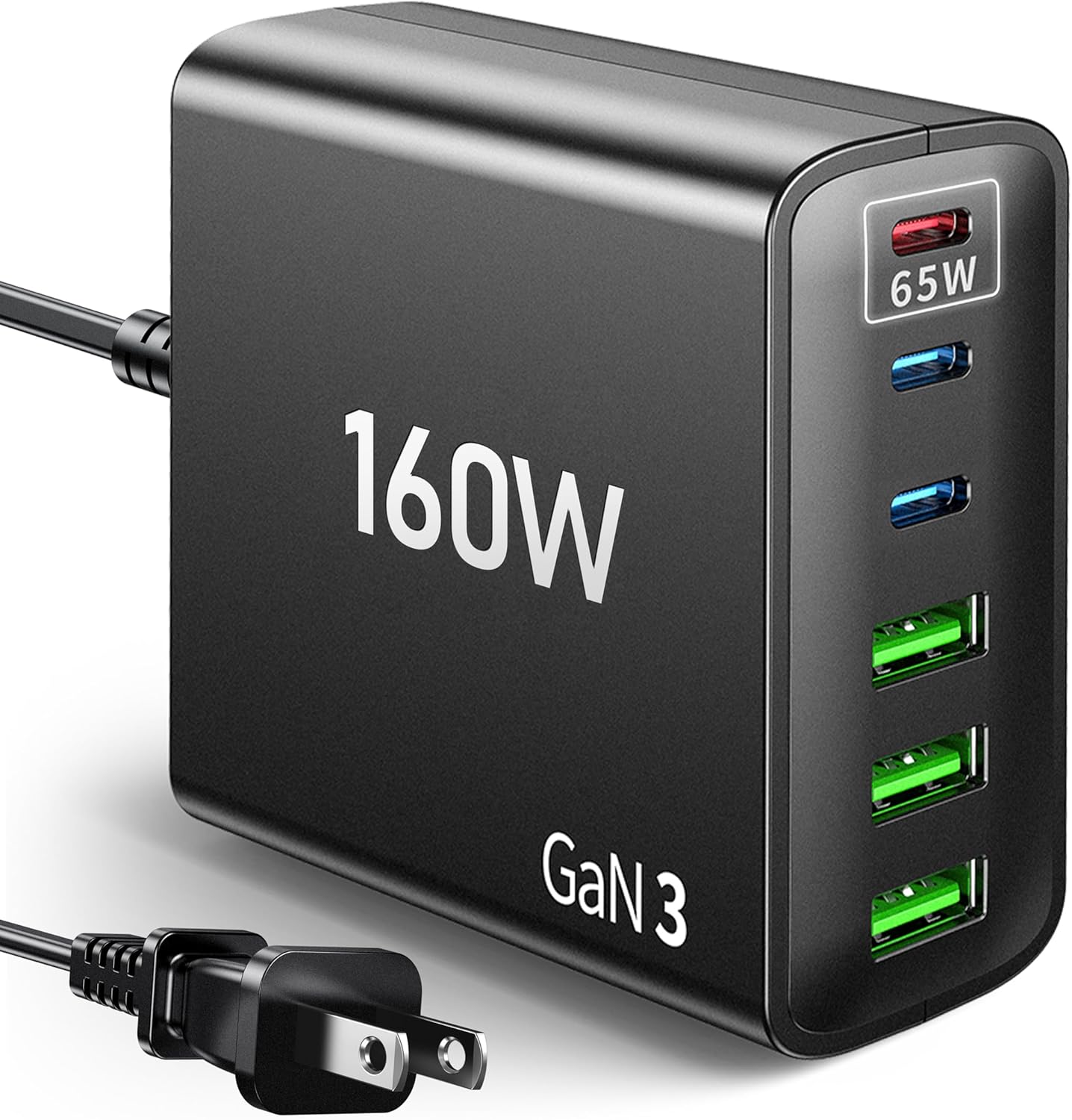 160W Fast USB Charger for Multiple Devices, 6-in-1 Charging Station with USB-C & USB-A Ports, 65W Type-C Fast Charging Port for Laptops, Compatiable with MacBook, iPad, iPhone, Samsung