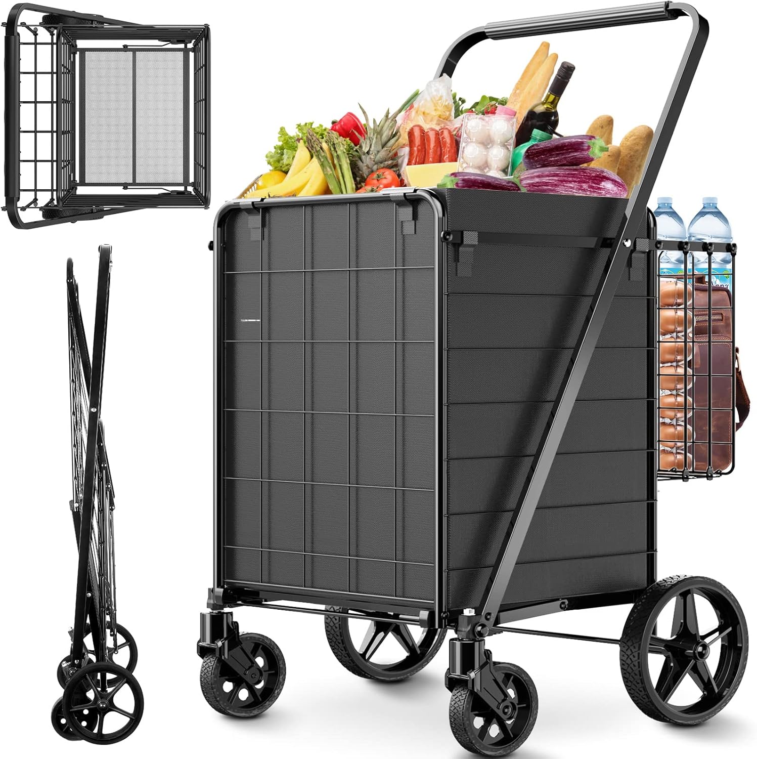 Folding Shopping Cart for Groceries,360 lbs Capacity Grocery Cart with Waterproof Liner and 360° Swiveling Wheels Collapsible Shopping Carts with Double Basket for Condo Laundry Transport Trip