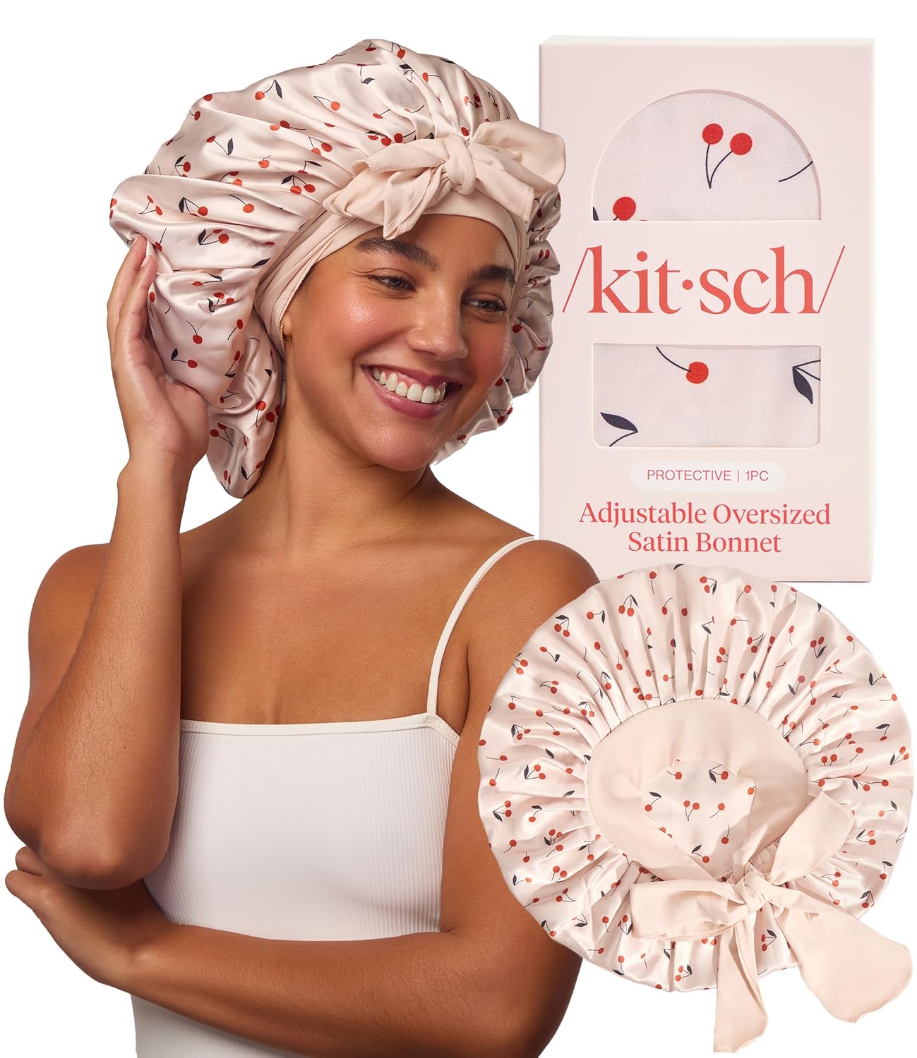 Kitsch XL Satin Bonnet for Sleeping - Softer Than Silk Bonnet For Sleeping Women - Secure Fit, Adjustable, Night Cap For Curly & Textured Hair - Prevents Breakage, Tangles & Thinning - Cherry Print
