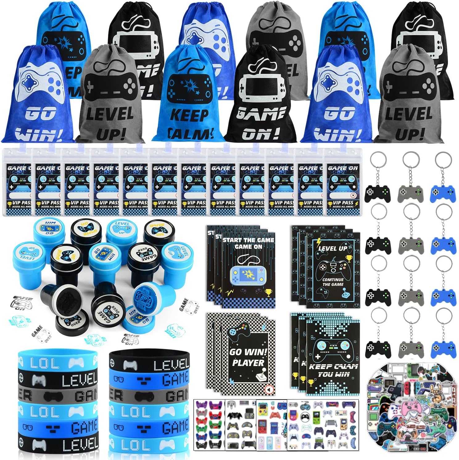 126 PCS Video Game Party Bag Fillers, Gaming Party Favours with VIP Pass Lanyards Silicone Bracelet Keychain and Stampers, Birthday Party Bags Fillers for Kids Gamer Party Supplies Goodie Bag Fillers