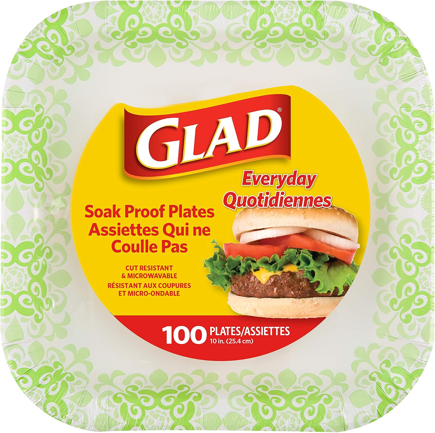 Glad Square Disposable Paper Plates for All Occasions | Soak Proof, Cut Proof, Microwaveable Heavy Duty Disposable Plates | 10" Diameter, 100 Count Bulk Paper Plates Green