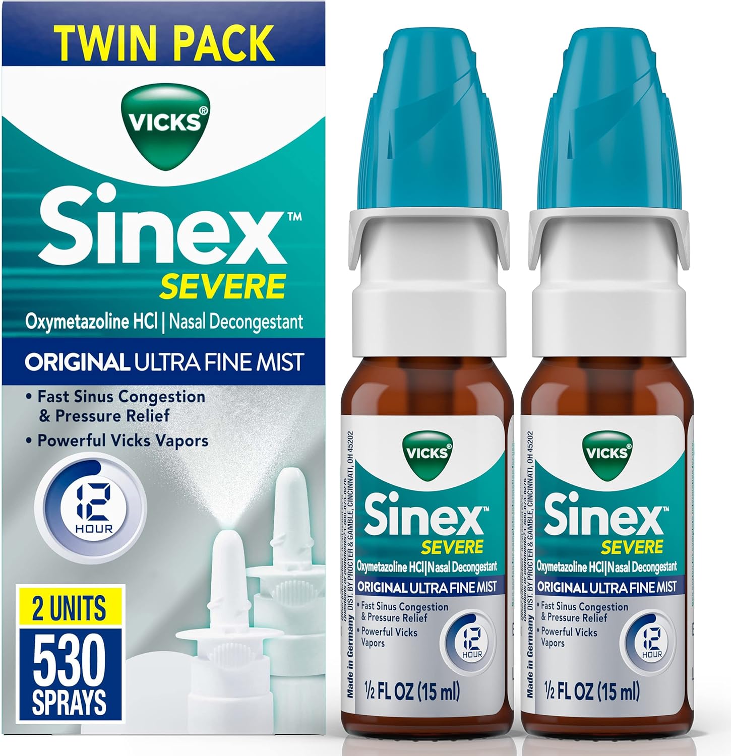Vicks Sinex SEVERE Allergy & Sinus Nasal Spray, Original Ultra Fine Mist, Decongestant Medicine, Relief from Nasal Congestion due to Cold or Allergy, Sinus Pressure Relief, 265 Sprays x 2