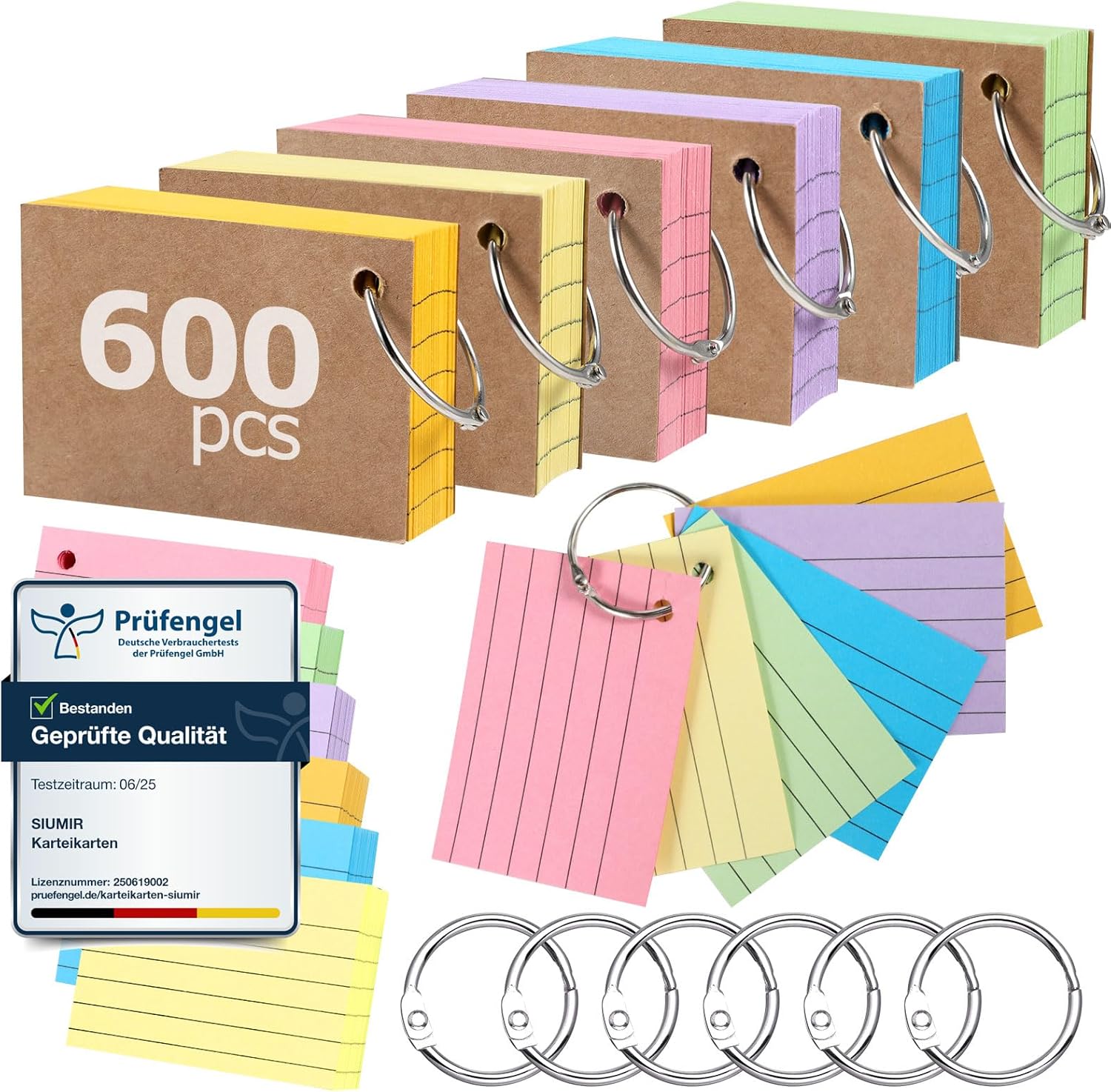 Siumir 600 PCS Flash Cards, Double-Sided Printing, A8 Revision Cards with Kraft Cover and Loose-Leaf Ring, Six-Color Ruled Index Cards Paper for Office&Home&School(2.9 * 2inch)