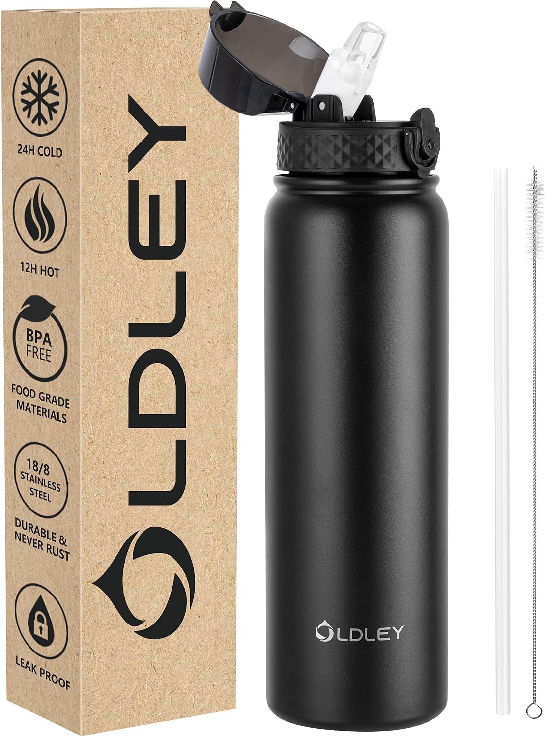 OLDLEY Stainless Steel Water Bottle with Straw 1L Vaccum Insulated Large Drink Flask Metal Water Bottles 1 Litre Leakproof Keep Drinks Hot Cold for Bike Sports Gym Adult Women Men(Black,1 Lid)
