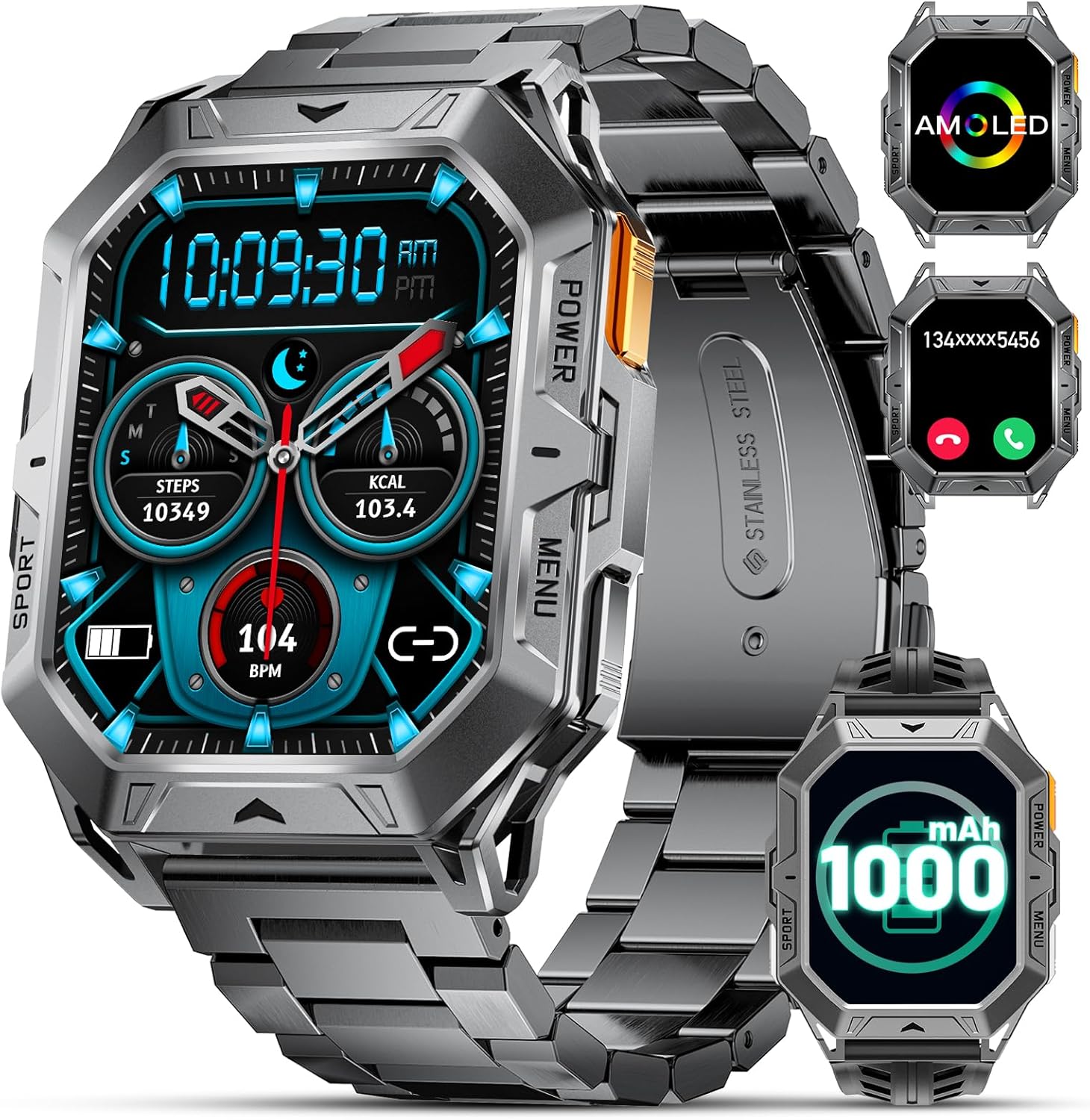 FEELNEVER Large Military Smart Watch for Men(1000mAh Battery), 2.13'' Amoled Smart Watches with Answer Make Call, Smartwatch with Heart Rate SpO2 Monitor,5ATM Waterproof Fitness Watch for Android iOS