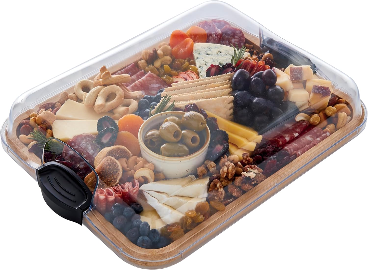 Farberware Build-A-Board Bamboo Cutting Board with Clear Locking Lid and Black Handles, Perfect for Charcuterie, Snacks, and More - Make it. Take it. Enjoy it, 28 x 35.5cm Single Compartment