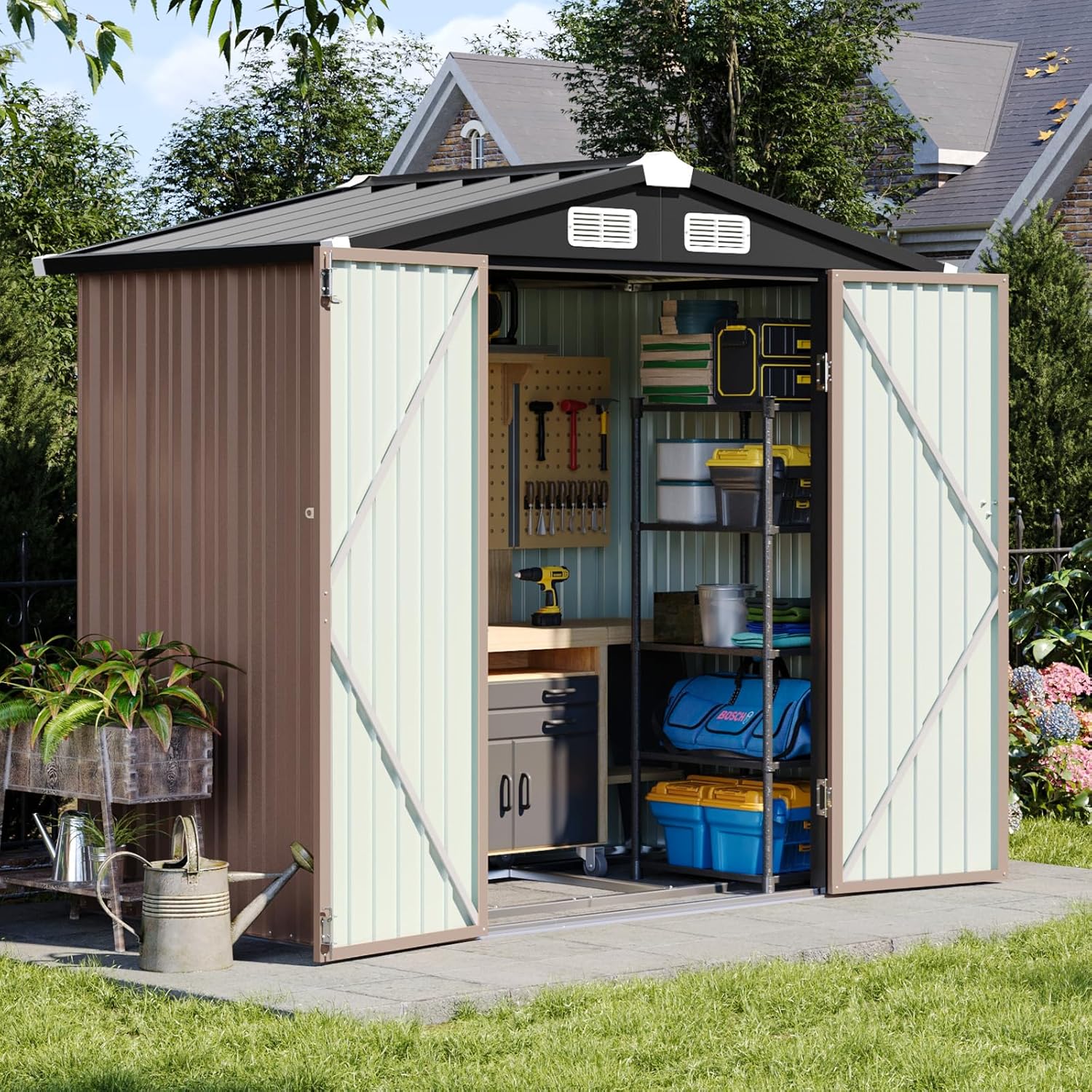 Aoxun 6x3.9 FT Shed with Base Metal Outdoor Storage Shed Garden Shed with Lockable Doors Tool Shed Bike Shed for Backyard, Patio, Poolside (Brown)