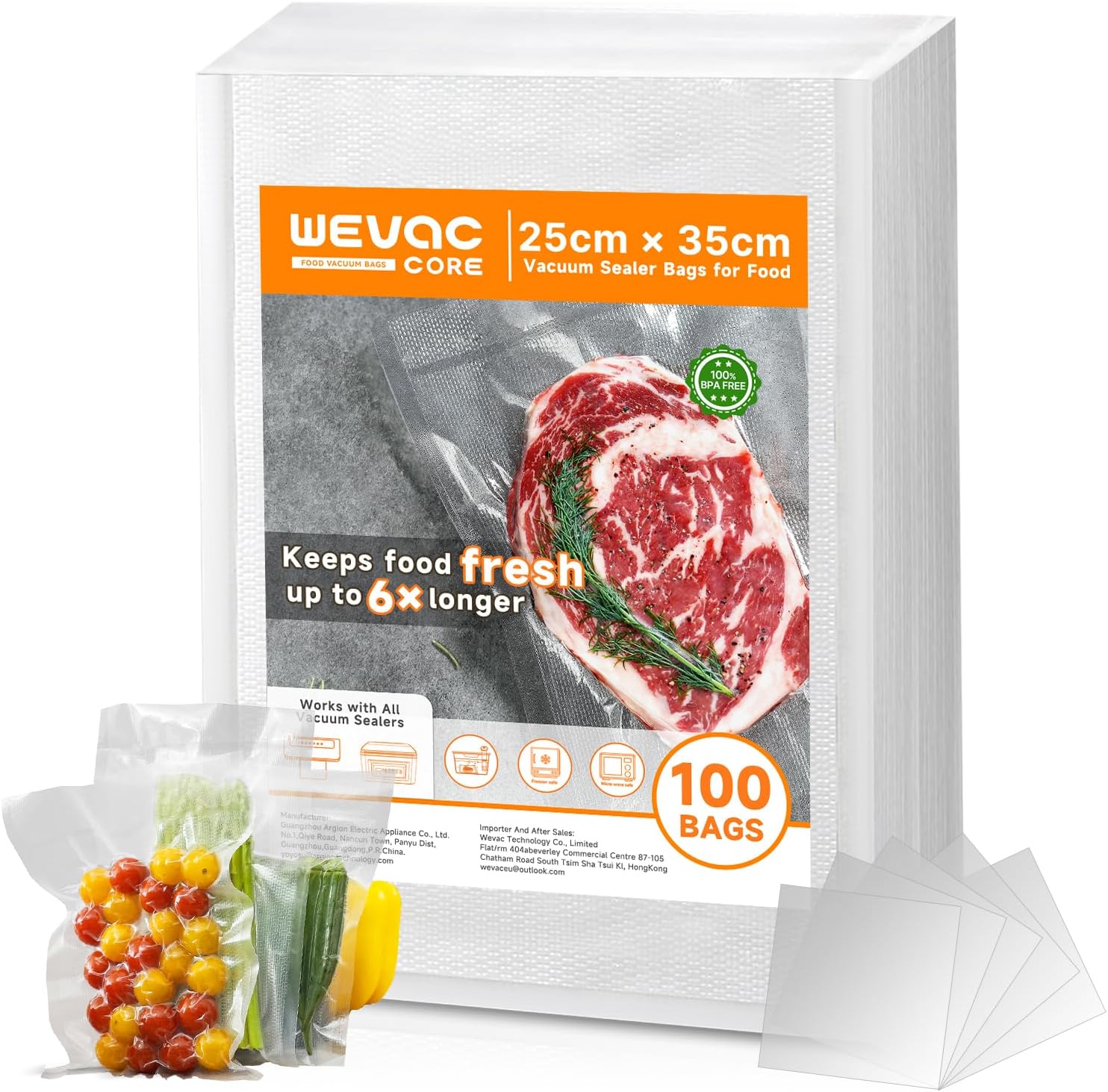 Wevac Core Vacuum Food Sealer Bags 100pcs 25cmx35cm, Vacuum Seal Bags for Food Saver, Commercial Grade, BPA Free, Heavy Duty, Sous Vide Bags Great for Meal Prep and Sous Vide Cooking
