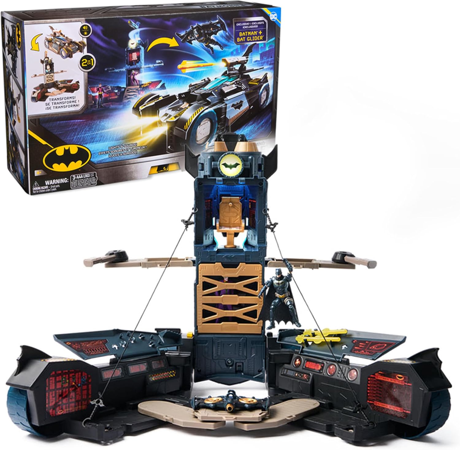 DC Comics Batman, Ultimate Transforming Batmobile Playset, 2-in-1 Playset with Exclusive Figure and Glider, Lights, Sounds, Kids Toys for Boys and Girls 4 and Up