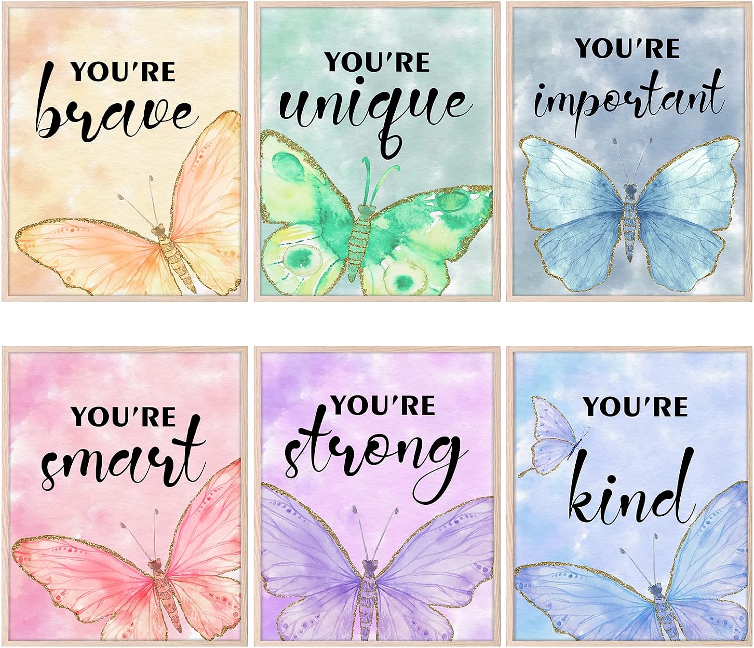 HOMANGA Wall Art Posters, Butterfly Wall Decor for Girls Room, 8X10 Inch, Unframed, Set of 6