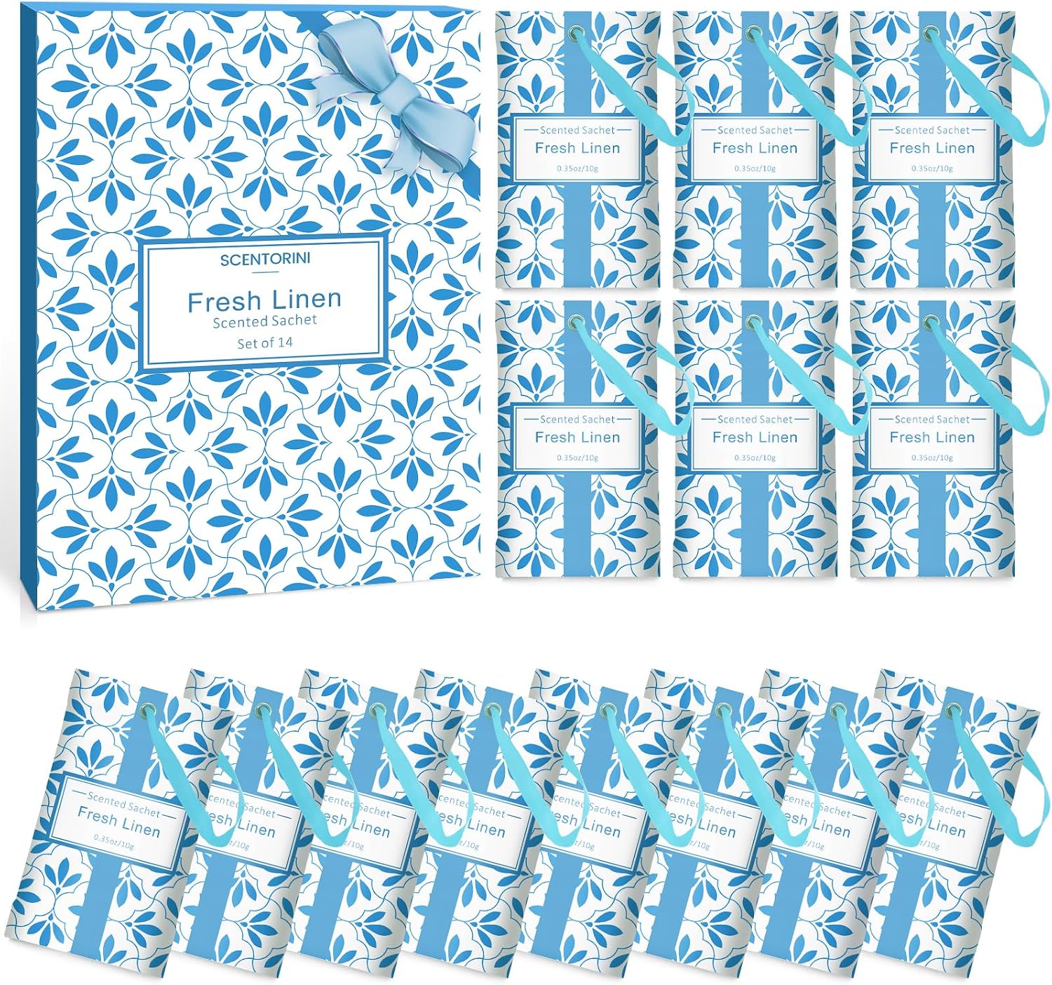SCENTORINI Fresh Linen Scented Sachets 14 Pack – Closet & Drawer Deodorizer for Clothes, Wardrobe & Storage, Long Lasting Air Freshener for Home, Travel & Gift