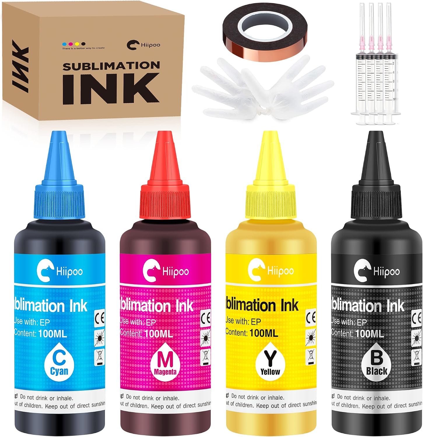 Hiipoo Sublimation Ink Refilled Bottles with Heat Tape Refill for ET2400 XP4105 XP4100 ET2720 ET2760 ET2750 ET4800 ET-2800 ET-2803 ET-2850 Inkjet Printers Heat Press Transfer on Mugs T-Shirts（BCMY）