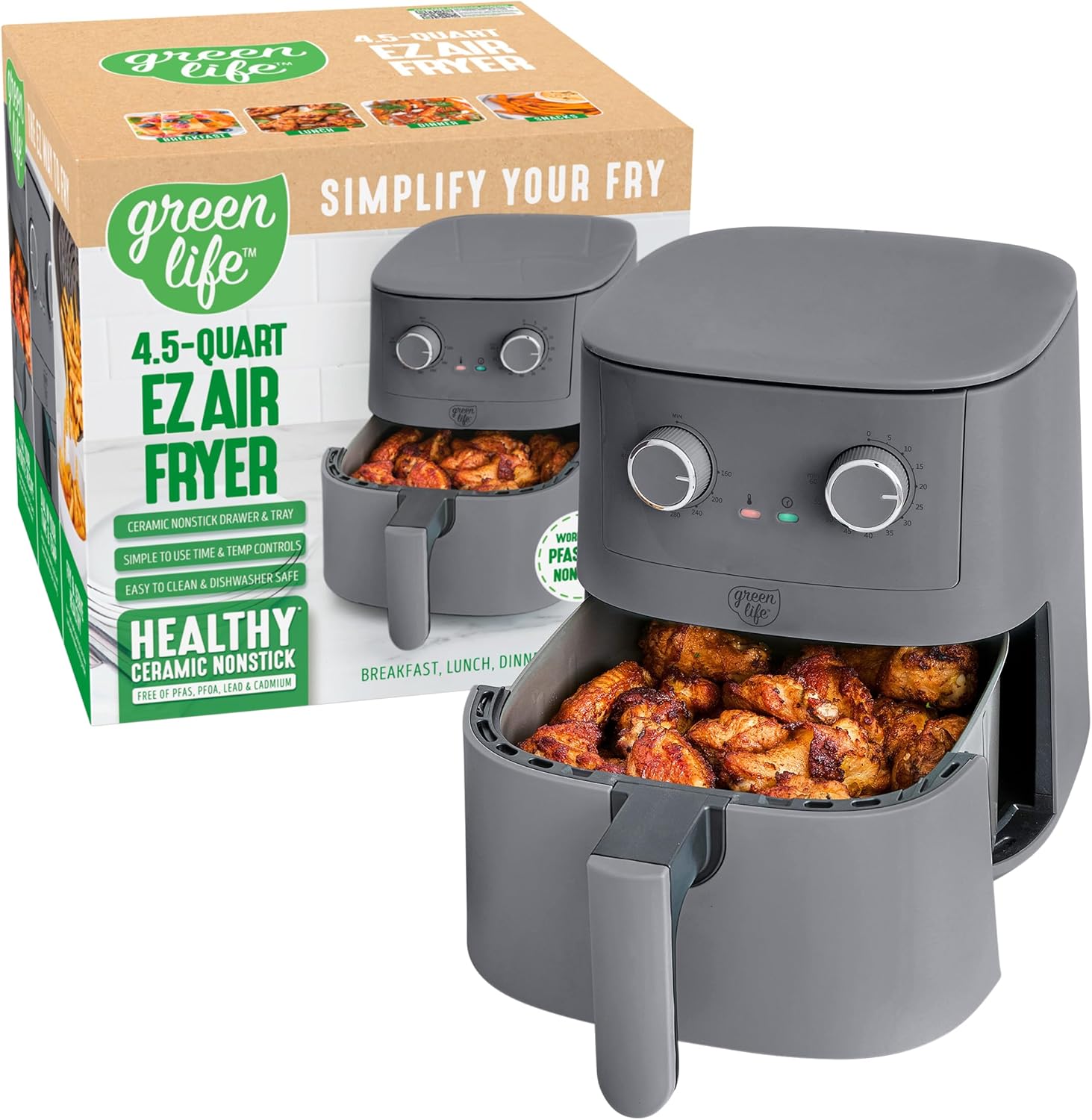 GreenLife 4.5QT Air Fryer, Mechanical Dial Controls, PFAS-Free Ceramic Nonstick Drawer, Adjustable Temp & Timer, LED Indicator, Oil-Less Cooking, Dishwasher Safe, Compact Family Size, Graphite