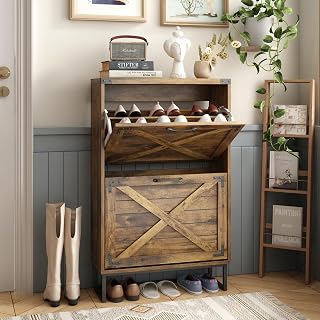 Maupvit 24" W Farmhouse Shoe Cabinet Storage for Entryway, Freestanding Organizer with 2 Flip Drawers, Narrow Shoe Rack Cabinet with Metal Corner Decoration, Rustic Brown