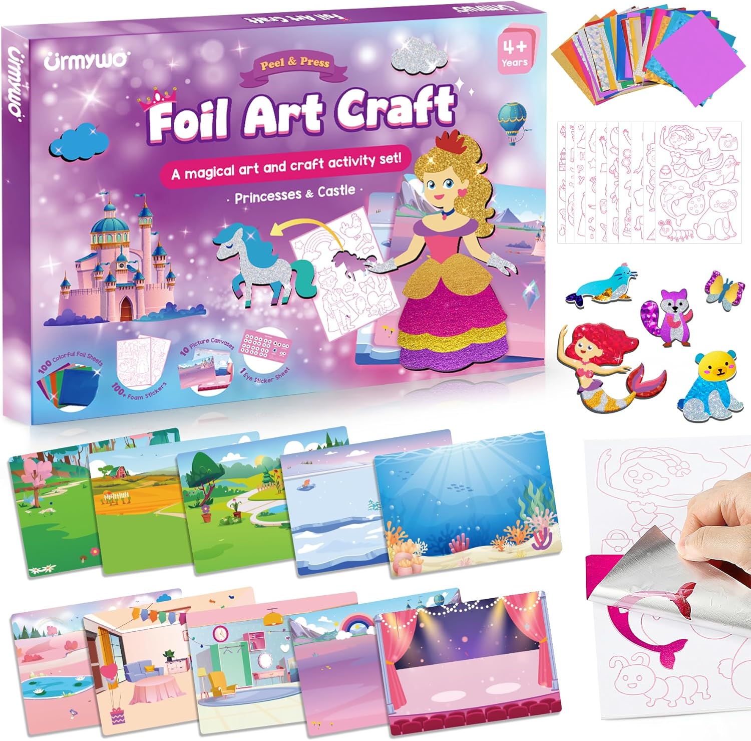 URMYWO Toys for 4 Year Olds Girls，Foil Arts and Crafts for Kids Ages 4-8 Coloring Sticker Books, No Mess DIY Creative Art Craft Kits, Travel Toys, 4-12 Year Old Girl Boy Gifts (Colorful)