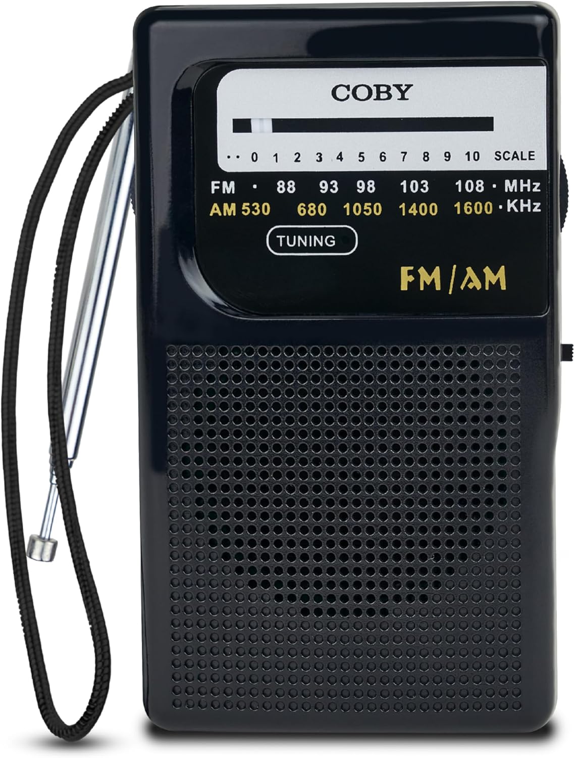 Coby Portable AM/FM Radio, Retro Pocket Radio for Indoor or Outdoor Use, Emergency-Preparedness Essential, 800-Hour Battery, Powerful Speakers, Integrated Antenna, Black
