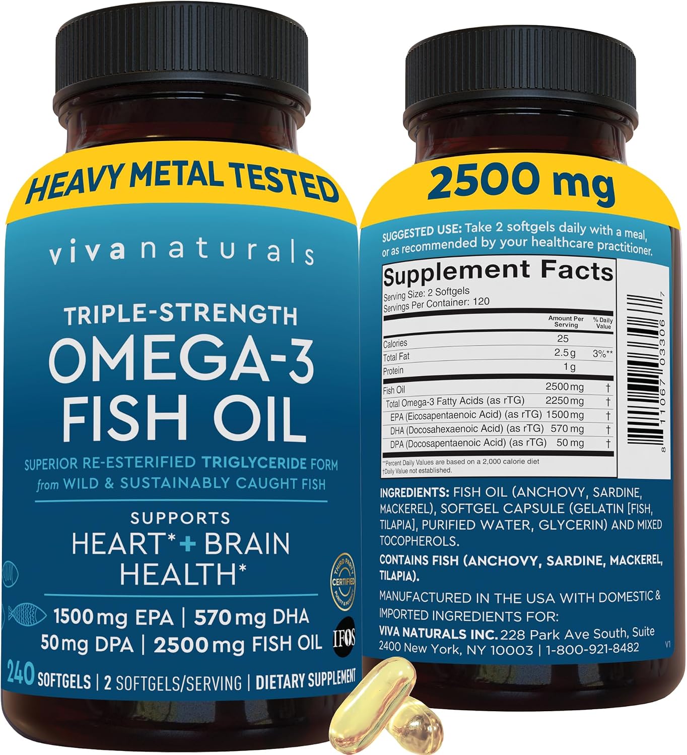Viva Naturals Omega 3 Fish Oil Supplement for Women and Men - 2500 mg Triple Strength Fish Oil Pills with Re-Esterified Omega 3 Fatty Acids Including EPA, DHA DPA - 240 Pescatarian-Friendly Softgels