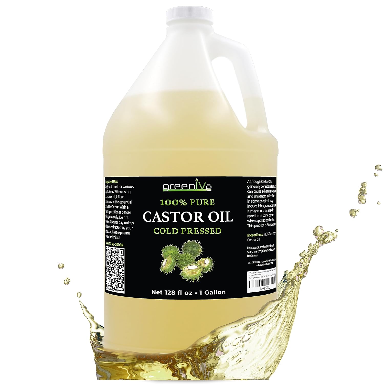 GreenIVe 100% Pure Castor Oil – Cold-Pressed, Hexane-Free – Hair, Eyebrows, Eyelashes, Skin Moisturizer, Castor Pack Wrap Oil Bulk Bottle (1 Gallon)