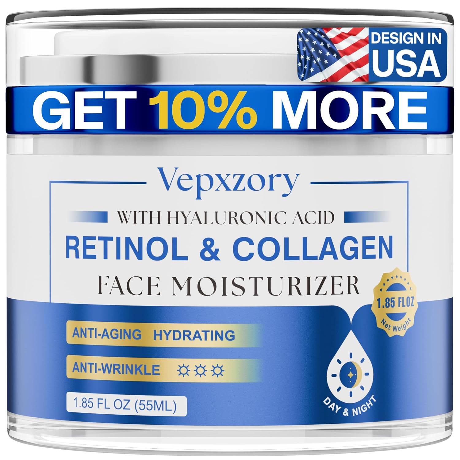 Face Moisturizer Retinol Cream For Face, Collagen Anti Aging Face Cream, Day-Night Neck Cream With Hyaluronic Acid, Wrinkle Cream For Women & Men Reduces Wrinkles, Dryness, 1.85 Fl. Oz