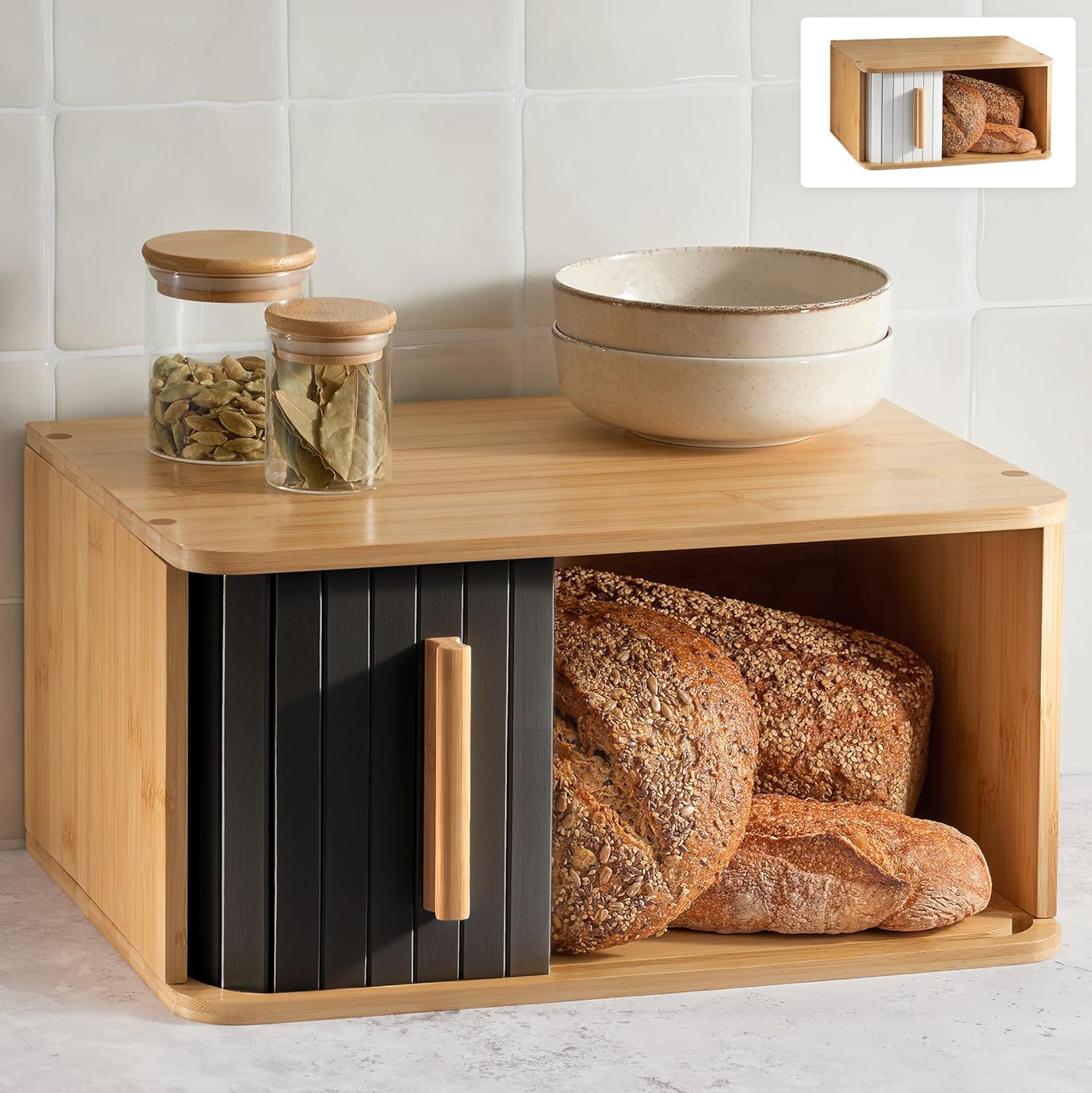 Praknu Large Bread Bin – FSC® Wooden Bread Box with Sliding Door for Kitchen – Preserves Freshness for Longer – Space Saving Design – Black