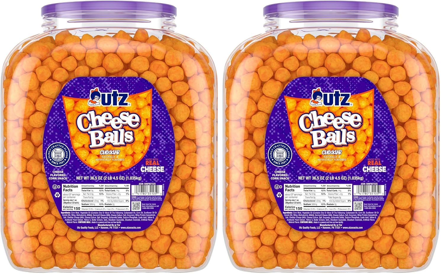 Utz Cheese Balls Barrel, Tasty Snack Baked with Real Cheddar Cheese, Delightfully Poppable Party Snack, Gluten, Cholesterol and Trans-Fat Free, Kosher Certified, 36.5 Oz (Pack of 2)