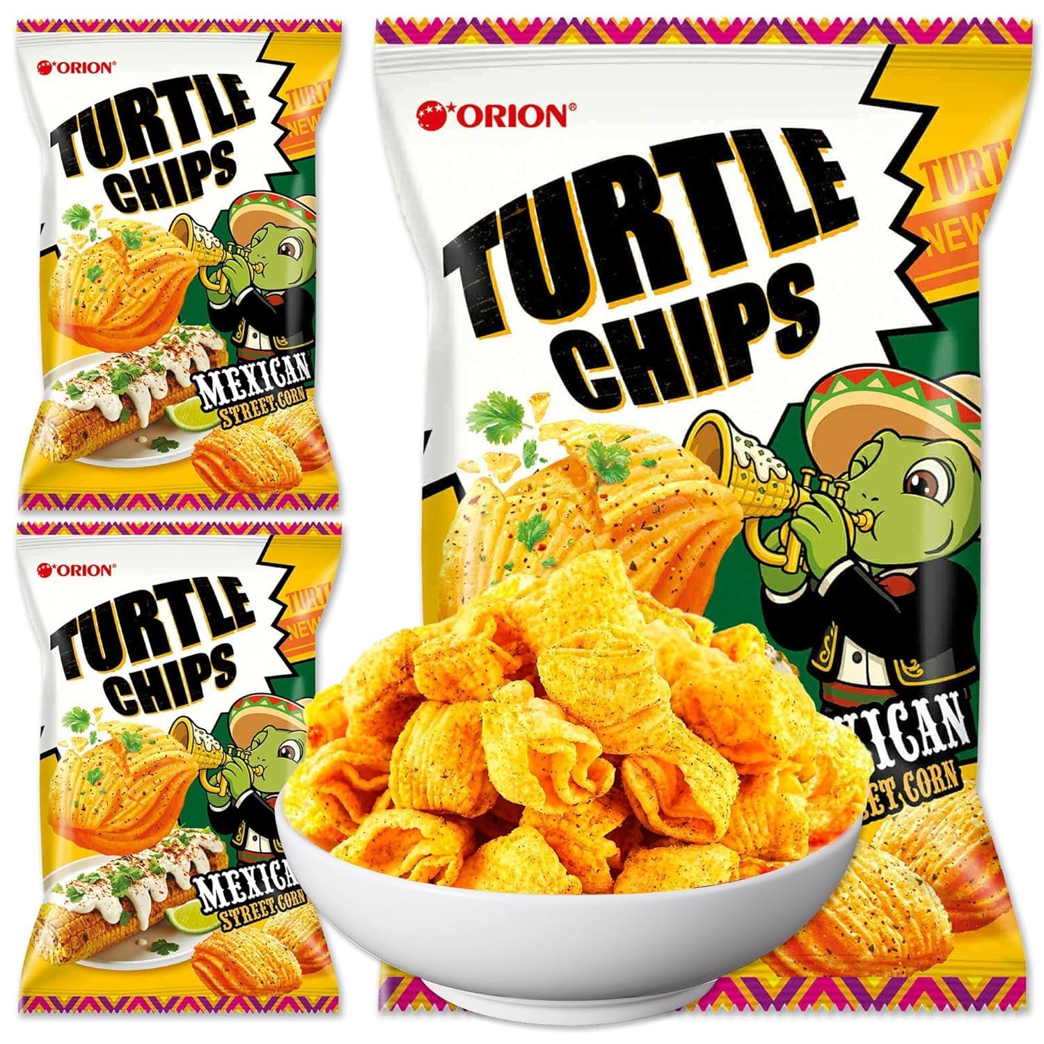 K-Munchies Orion Turtle Chips - Large 3 x 160-gram Mexican Street Corn Flavor Korean Chips - Big Bag Party Size Savory, Tasty, Crispy Korean Corn Snacks - Bite-Sized, On-The-Go Korean Snack for Family