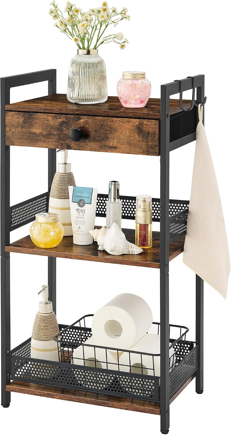 Bathroom Ladder Shelf, 3-Tier Bathroom Floor Storage Shelf with Drawer, Freestanding Towel Shelf, Bookcase End Table Open Shelving Unit for Living Room Bathroom Bedroom Balcony, Rustic Brown