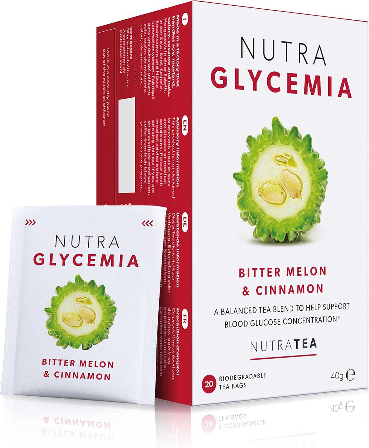 NUTRAGLYCEMIA - Blood Glucose Tea | Diabetes Tea - For Blood Sugar Control & Diabetics - Includes Bitter Melon (Karela), Ceylon Cinnamon & Fenugreek - 20 Enveloped Tea Bags - by Nutra Tea - Herbal Tea
